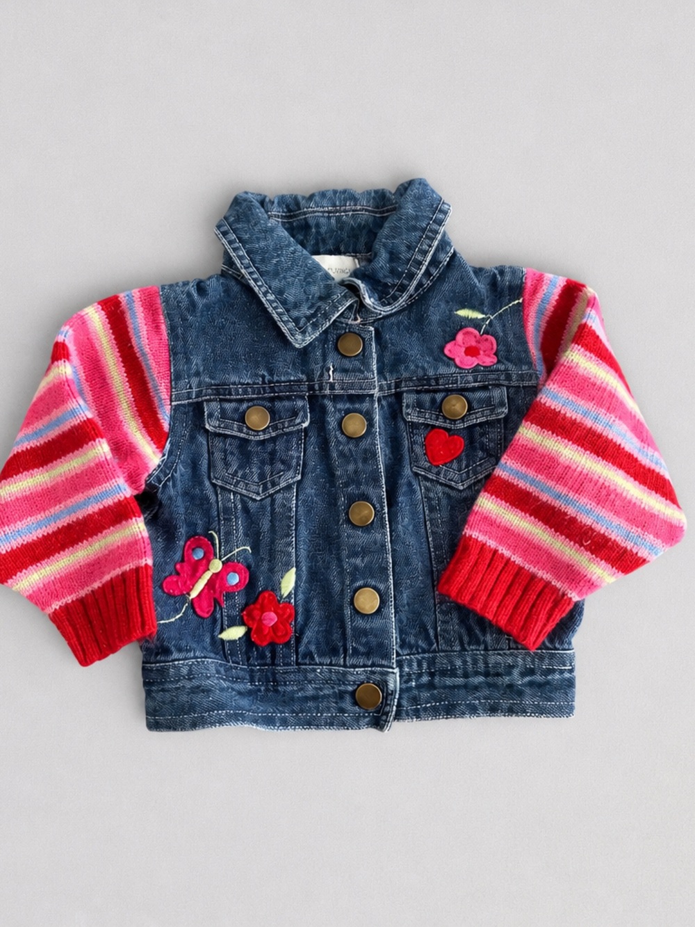 Girls' Denim Jacket with Pink Striped Knit Sleeves & Floral Appliqués